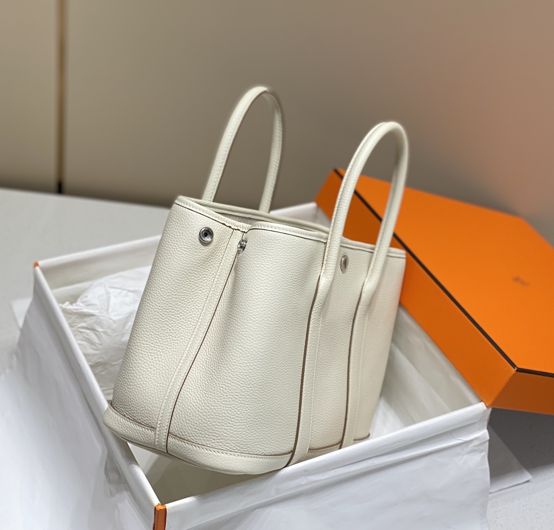 Hermes Garden Party 30cm Tote Handbag In Cream White Clemence Leather